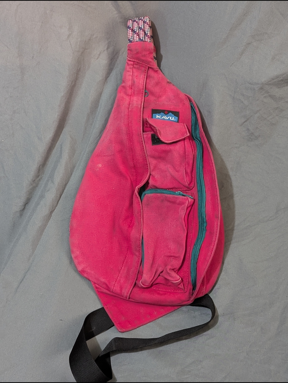 KAVU Red Sling Bag with Teal Zipper